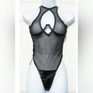 2/$30 Macy by Frederick's of Hollywood Hi Neck Underwire Black Mesh Thong Teddy